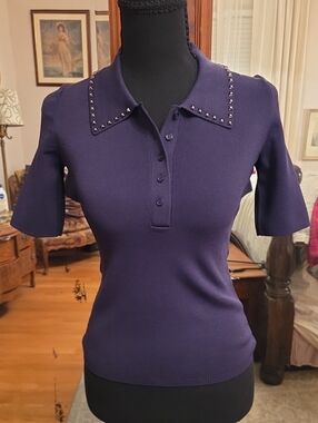 The Kooples Navy Stud-Trim Polo Knit Top